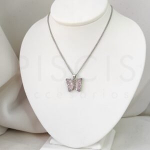 Collar Farfalla rosa, plateado.