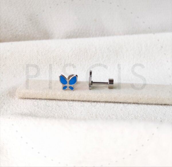 Aros Maripositas azules, plateados.