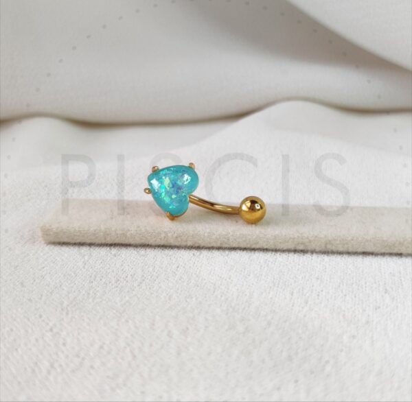 Piercing ombligo corazón ópalo turquesa, dorado.