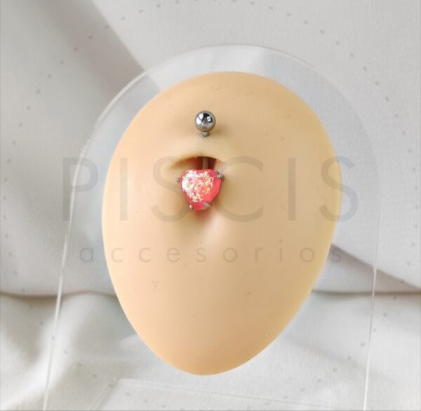 Piercing ombligo corazón ópalo fucsia, plateado. - Imagen 2