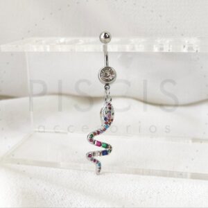 Piercing ombligo colgante serpiente, plateado.