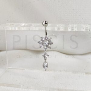 Piercing ombligo colgante flor, mod. 2, plateado.