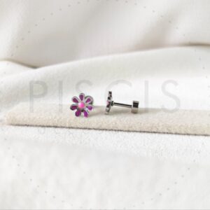 Aros Margaritas rosas c/ violetas, plateados.