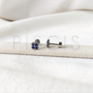 Aros Trébol strass azules, plateados.