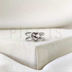 Anillo Corazón entrelazado regulable, plateado.