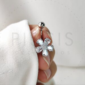 Piercing ombligo Flor strass, plateado.