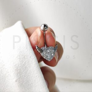 Piercing ombligo Corazón con strass y alas, plateado.