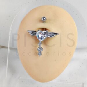 Piercing ombligo Corazón con alas + dije flor con abejita.